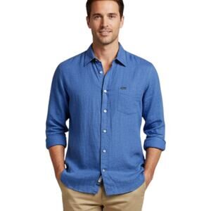 Faconnable Mens Shirt 100% Blue Linen Long Sleeve Button Up Preppy Relaxed XXL